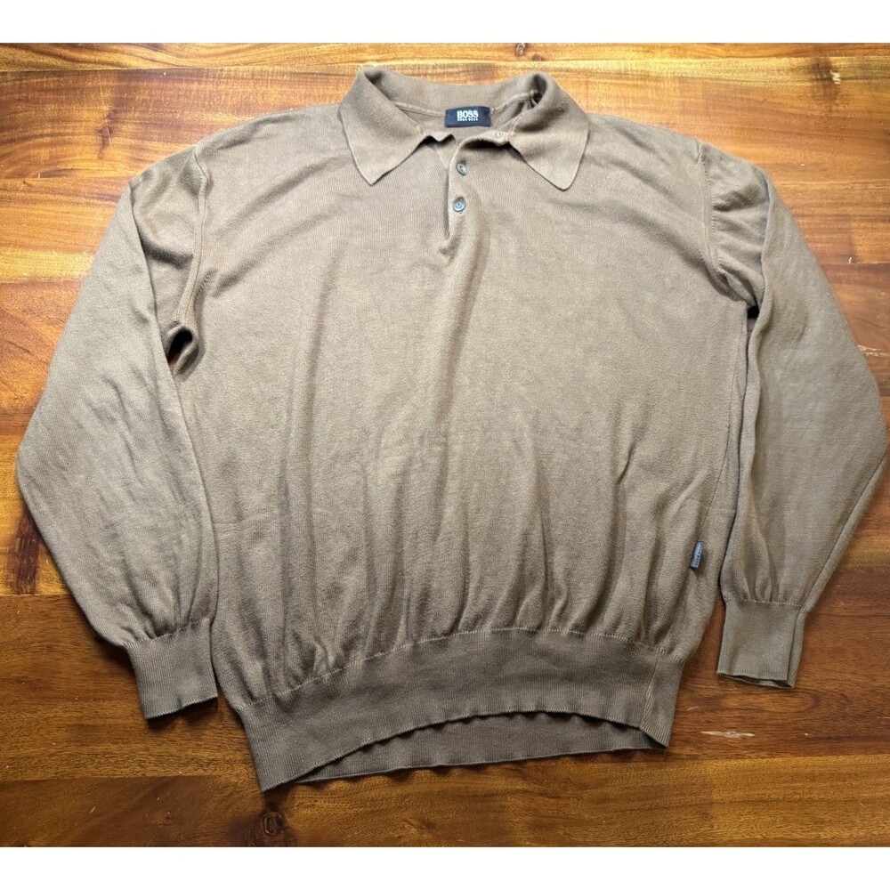 Vintage Hugo Boss Polo Sweater Made in Italy Brown Cotton Modal Mens Size XL 54